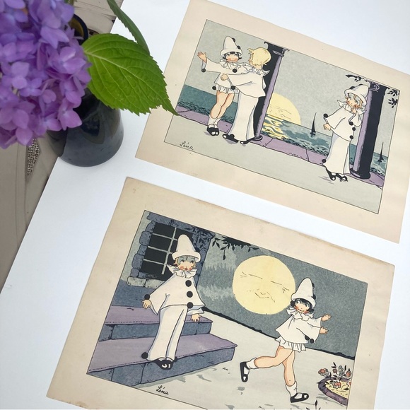 Vintage French Art Deco Pochoir original pen and ink baby Kewpie clown prints - Picture 8 of 15